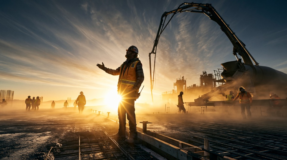 Construction crew on a job site reviewing the day's plan