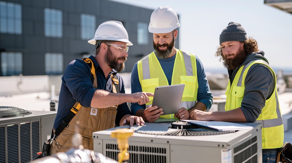 HVAC technicians servicing commercial equipment