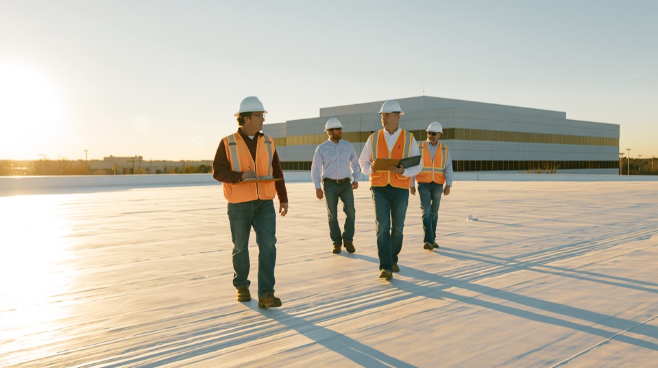 Commercial roofing team working on a rooftop project